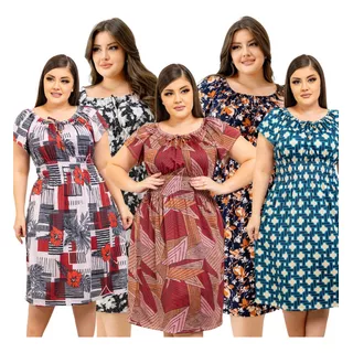 Kit Com 5 Vestidos Soltinhos Com Elasticidade Moda Plus Size