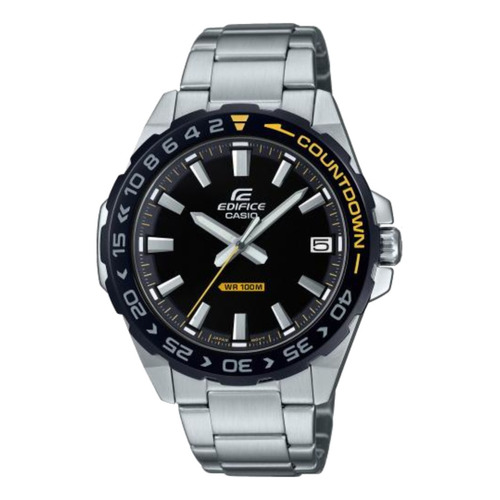 Reloj pulsera Casio Edifice EFV-120 de cuerpo color plateado, analógico, fondo negro, con correa de acero inoxidable color plateado, agujas color gris, blanco y amarillo, dial gris, minutero/segundero naranja, bisel color negro y desplegable