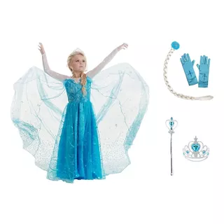 Vestido Fantasia Tiara Trança Coroa Luva Frozen Elsa Frozen