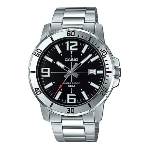 Reloj pulsera Casio MTP-VD01 con correa de acero inoxidable color plateado - fondo negro