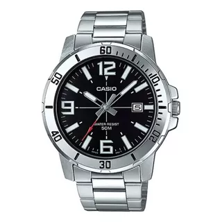 Reloj De Pulsera Casio Dress Mtp-vd01sg1-b De Cuerpo Color Plateado, Analógico, Para Hombre, Fondo Negro, Con Correa De Acero Inoxidable Color Plateado, Agujas Color Gris, Blanco Y Rojo, Dial Blanco Y