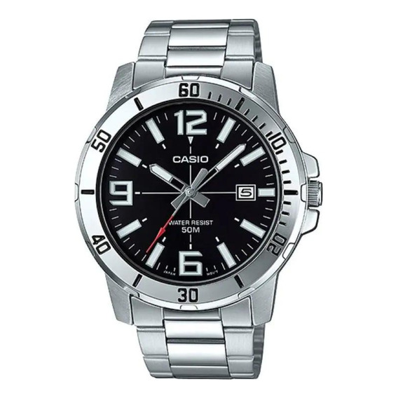 Reloj pulsera Casio Dress MTP-VD01sg1-B de cuerpo color plateado, analógico, para hombre, fondo negro, con correa de acero inoxidable color plateado, agujas color gris, blanco y rojo, dial blanco y pl