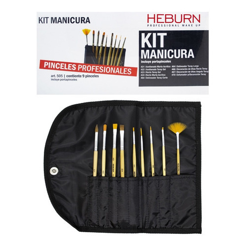 Kit Heburn 9 Pinceles Manicuría Decoración Uñas Estuche 505