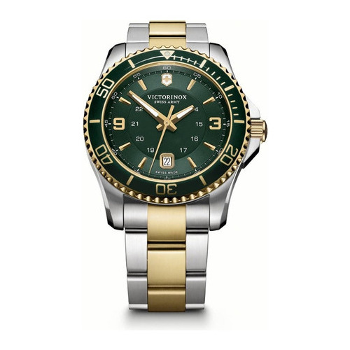 Reloj Victorinox Maverick Large Swiss Army241605 para hombre, color de correa plateado con detalles dorados, color del bisel, verde oscuro, color de fondo verde con detalles dorados