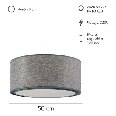 Colgante Pantalla Tela Griega Gris Apto Led Moderno 50cm 