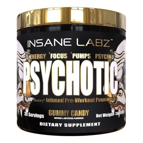 Suplemento en polvo Insane Labz  Psychotic Gold cafeína sabor caramelo gomoso en pote de 203g