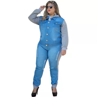 Conjunto Plus Size Calça E Jaqueta Jeans Com Moletom E Capuz