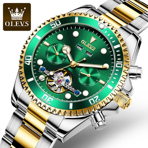 Relojes Automáticos Impermeables De Lujo Olevs 6605 Color del fondo Silver Gold Green