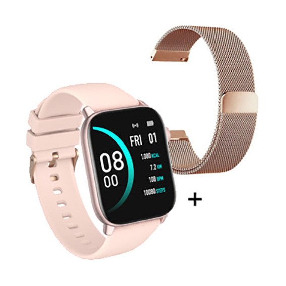 Smartwatch Cuadrado Sumergible Rosa Nictom Nt14 Malla Metal Reloj Inteligente Dos Mallas