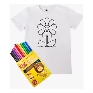 Camiseta Infantil P/ Colorir + 12 Canetinhas Lavavel Criança