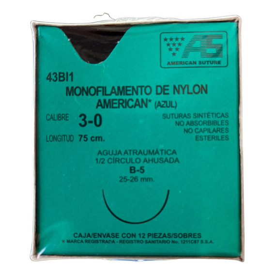 Sutura Nylon Azul 3-0 1/2 Circulo Ahusada 25-26mm American