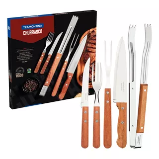 Kit Para Churrasco Com Lâmina Em Aço Inox E Cabos De Madeira Natural 15 Peças Tramontina