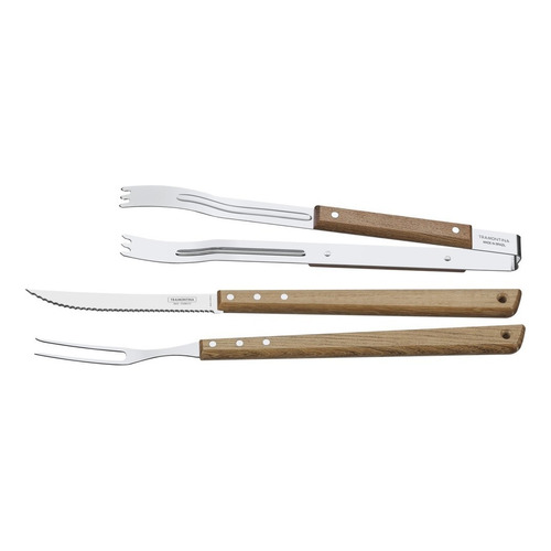 Juego Asado 3 Piezas Cuchillo Pinza Tramontina Churrasco LG Color Madera