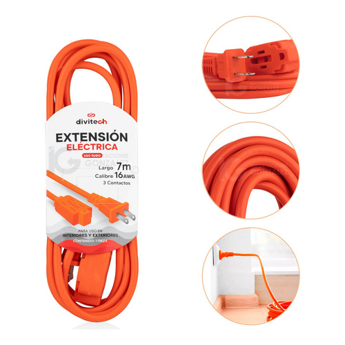 Extensión Eléctrica Uso Rudo Multicontacto 7 M. Cable De Cobre Cal.16 Awg. Divitech® Color Naranja 3 Tomas De Corriente