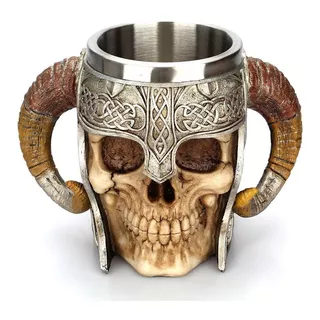 Taza Tarro Medieval Vikingo Calavera Aluminio Espada Katana