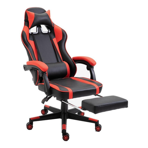  Shopeame Silla gamer ergonomica reclinable con descansa pies ergonómica  negra y roja con tapizado de cuero sintético