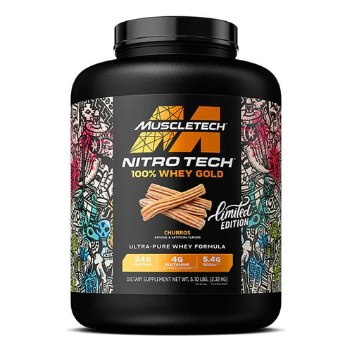 Whey Protein Nitro Tech 100% Gold Muscletech, 5 libras/2,27 kg, sabor a churros