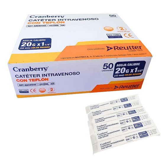 Cateter Intravenoso 20g X 1 1/4 C/teflon 50un. Cranberry