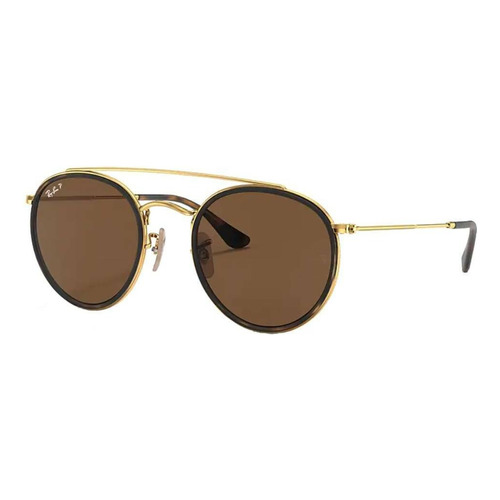 Anteojos de sol polarizados Ray-Ban Round Double Bridge Standard con marco de metal color polished gold, lente brown de cristal clásica, varilla polished gold de metal - RB3647N