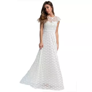 Vestido Largo Novia Encaje Espalda Semi Descubierta Volados