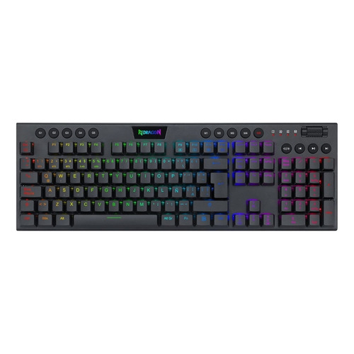 Teclado gamer bluetooth Redragon Horus K618 QWERTY Redragon Low profile Linear Red español latinoamérica color negro con luz RGB