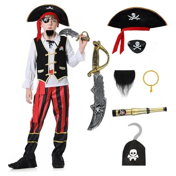 Disfraz Capitán Pirata Jack Caribe Sombrero Gancho Espada Juego De 7 Piezas Cosplay