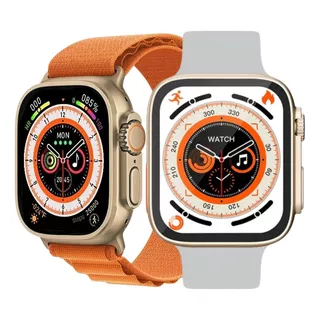 Relogio Inteligente Smartwatch Hw8 Ultra Série 8 45mm Caixa Dourado Pulseira Laranja Bisel Dourado