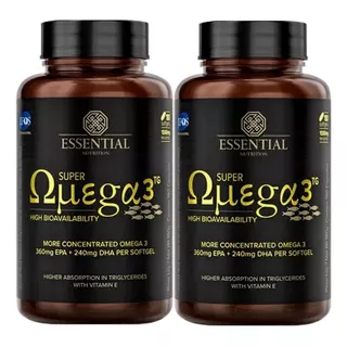 Omega 3 1000mg - Kit 2x 180 Caps Cada - Essential Nutrition Sabor Sem Sabor