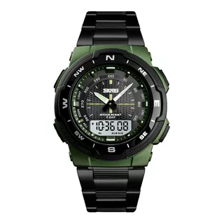 Reloj Hombre Skmei 1370 Acero Sumergible Alarma Cronometro Color De La Malla Negro/verde Militar