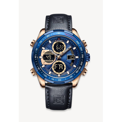 Reloj pulsera Naviforce NF9197L con correa de cuero color negro - fondo azul