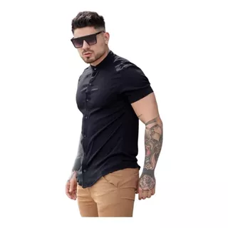 Camisas Manga Corta Cuello Mao Lino Elastizado Hombre