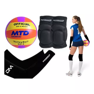 Kit Vóley Pelota Goma Mtd Mangas Rodilleras Color Negro