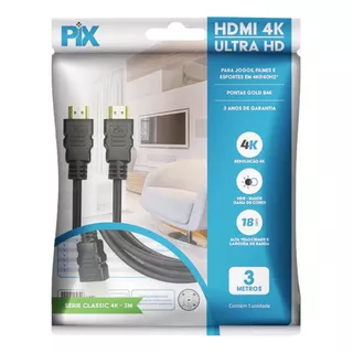 Cabo Hdmi 3 Metros 2.0 4k Ultra Hd 3d 19 Pinos Até 2160p