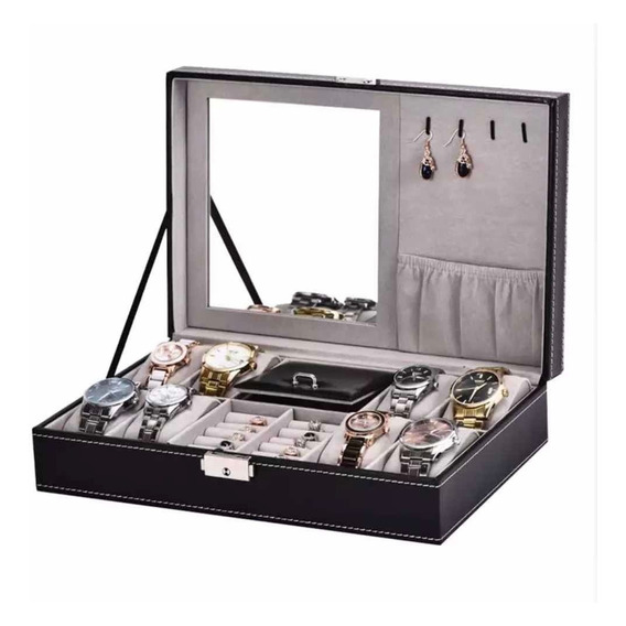 Caja Joyero Con Espejo, 8 Relojes ,anillos,cadenas Y Aretes