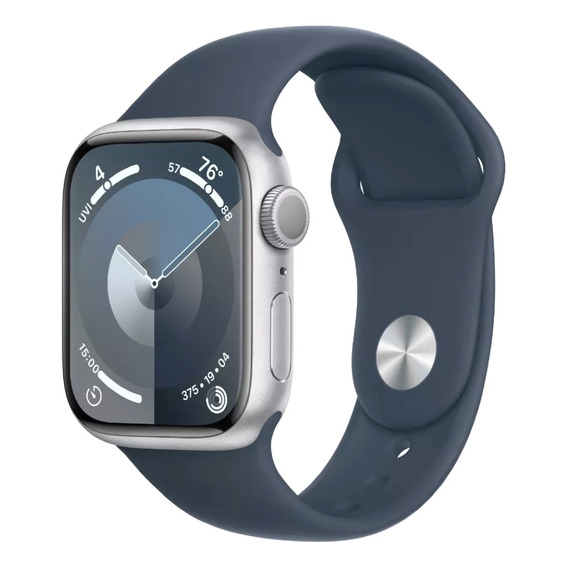 Apple Watch Series 9 GPS + Celular • Caja de aluminio color plata de 45 mm • Correa deportiva azul tormenta - M/L