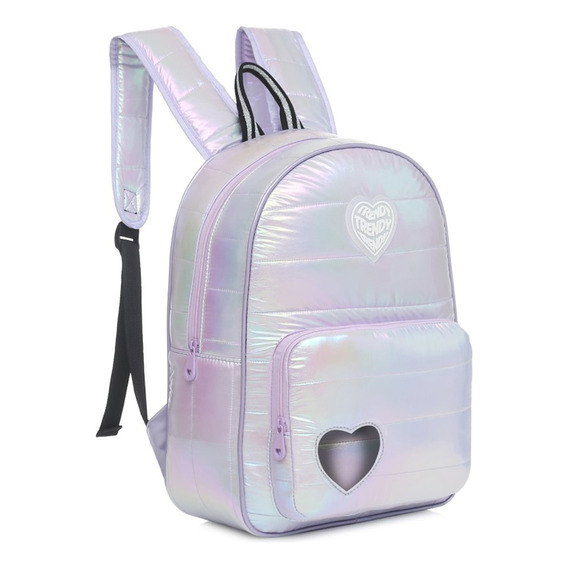 Mochila Escolar Puffer Metalizada Con Corazón Trendy Color Lila Diseño De La Tela Metalizado