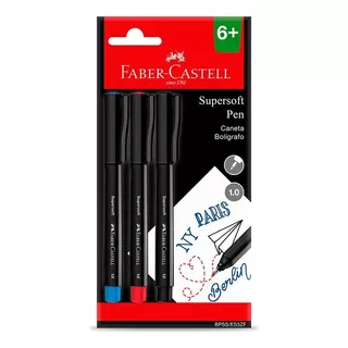 Caneta Faber-castell Hidrográfica Supersoft Pen - Ponta Fina 1.0mm - Conjunto 3 Cores Vibrantes