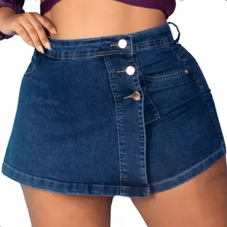 Short Saia Jeans Plus Size Feminino Cintura Alta Com Lycra  
