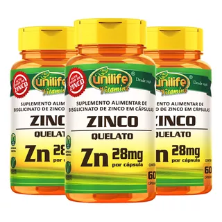 Kit 3 Zinco Quelato 60 Cápsulas Unilife Sabor Natural