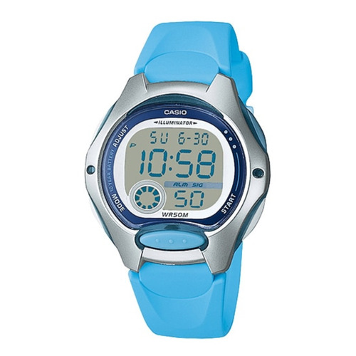 Reloj pulsera digital Casio LW-200 con correa de resina color celeste - fondo gris - bisel plateado