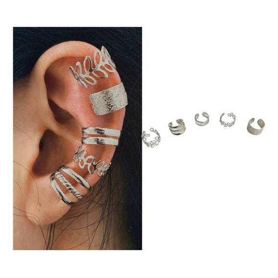 Aretes Mujer Solitario Set Ear Cuff Entre Hojas Plateado