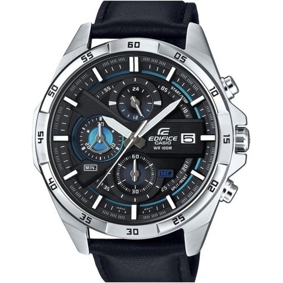 Reloj pulsera Casio Edifice EFR-556 de cuerpo color plateado, analógico, fondo negro, con correa de cuero color negro, agujas color gris y blanco, dial blanco, subesferas color negro y celeste, minute