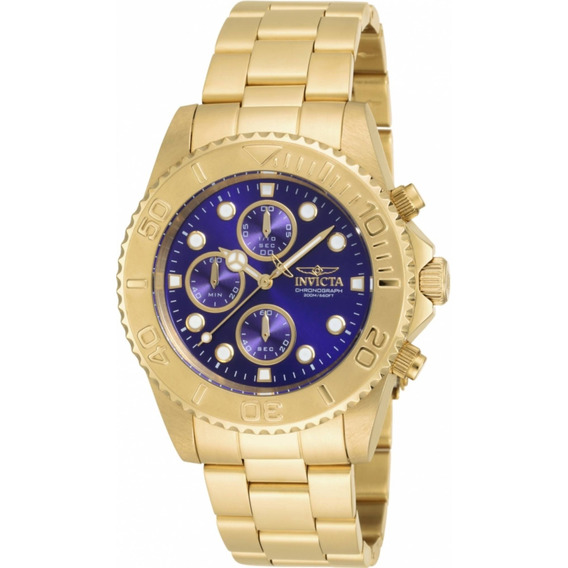 Reloj pulsera Invicta Pro Diver 19157 de cuerpo color oro, analógico, para hombre, fondo azul, con correa de acero inoxidable color oro, agujas color oro y blanco, dial blanco y oro, subesferas color 