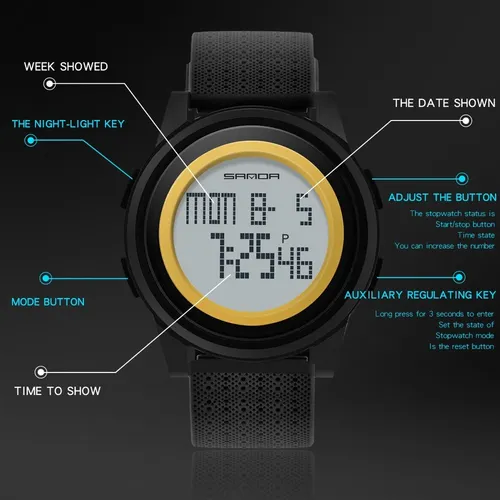 Reloj pulsera Sanda 337 de cuerpo color negro digital para