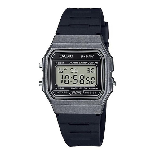 Reloj pulsera Casio Collection F-91WG-9QDF-SC de cuerpo color gris, digital, para hombre, fondo gris, con correa de resina color negro, dial negro, minutero/segundero negro, bisel color gris y hebilla simple