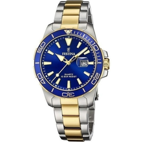 Reloj Festina Dorado Azul Fecha 100m Mujer Acero F20504.1 Color De La Malla Plateado Con Dorado