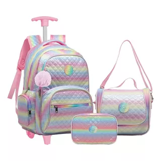 Bolsa Escolar Feminina Infantil Com Rodinhas Grande Tie Dye Cor Rosa-claro Desenho Do Tecido Liso