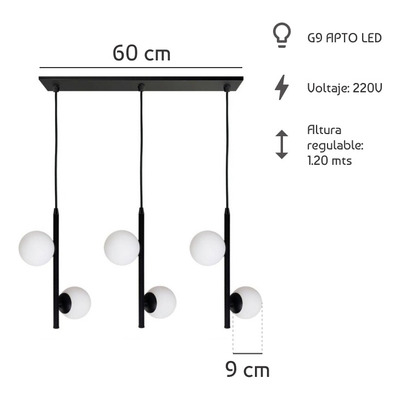 Colgante 6 Luces Elyn Diseño Negro Globo Opal Apto Led Deco