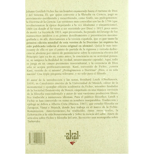 La Doctrina De La Ciencia 1811: Sin Datos, De Johann Gottlieb Fichte. Serie Sin Datos, Vol. 0. Editorial Akal, Tapa Blanda, Edición Sin Datos En Español, 2000