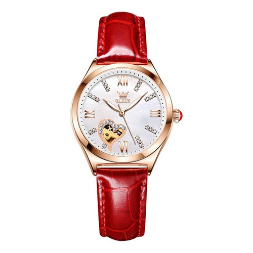 Reloj Mecánico De Cuero Para Mujer Olevs 6636 Color de la correa Rojo